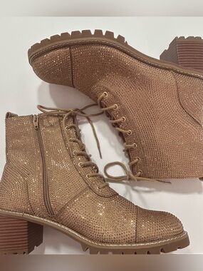 Comfort metallic gold, sequin, lace up, lug sole, chunky heel ankle boots 12